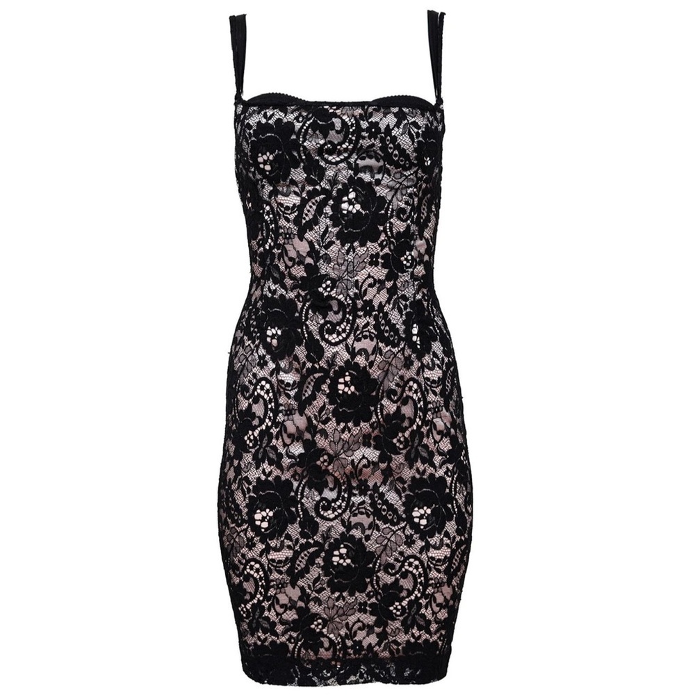 Dolce & Gabbana S/S 1997 Black Lace Mini Dress with a Nude Underlay
